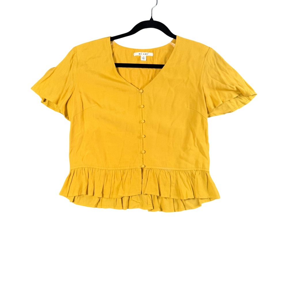 Mi Ami Yellow Ruffle Peplum Blouse Womens S V-Neck Button Front Romantic